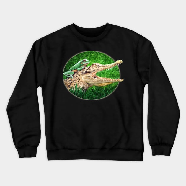 Crocodile Wearing a Frog as a Hat Crewneck Sweatshirt by Sherrie Spencer Studios